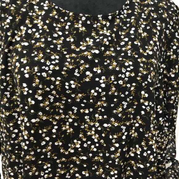 Cece Womens Blouse Size Large Black White Floral Tie Sleeve‎ Keyhole Back Top - Picture 4 of 12